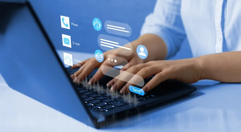 Two people working at a laptop surrounded by document, chat and contact icons