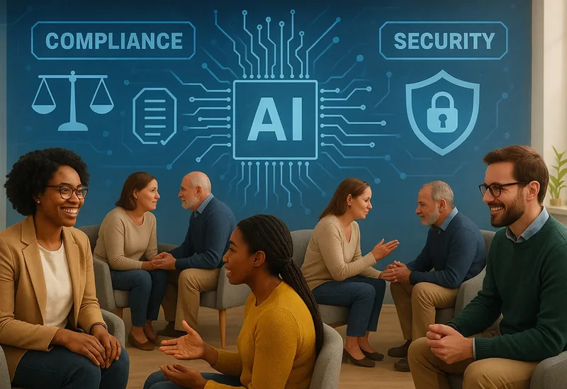 A group therapy circle beneath icons labelled Compliance and Security either side of an AI chip