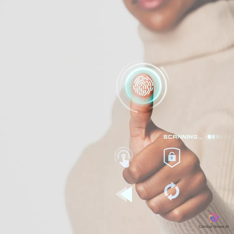 A thumb pressed to a fingerprint scanner, with lock and sync icons around it