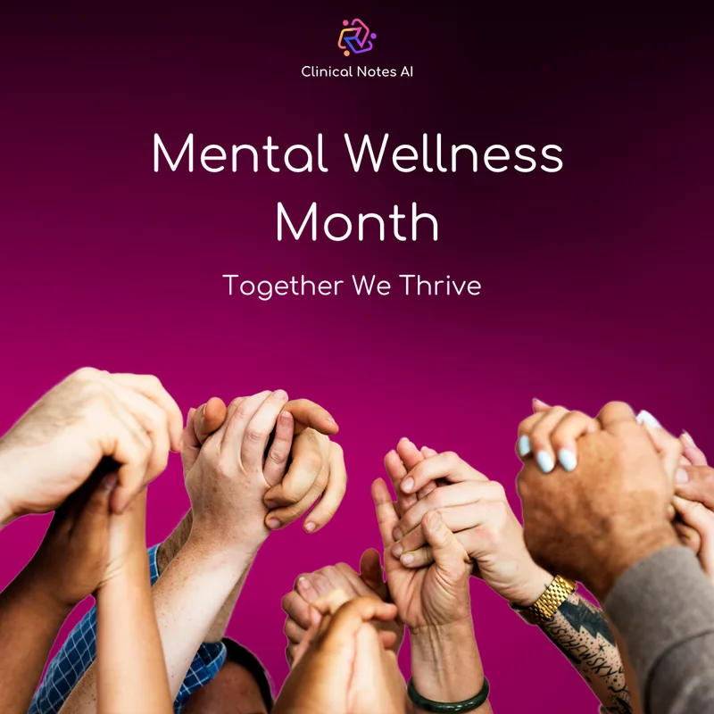 Graphic reading “Mental Wellness Month — Together We Thrive”, over a circle of clasped hands