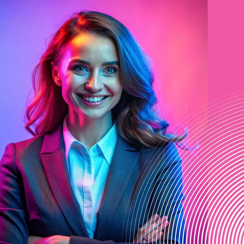 A behavioral health professional lit in neon pink and blue