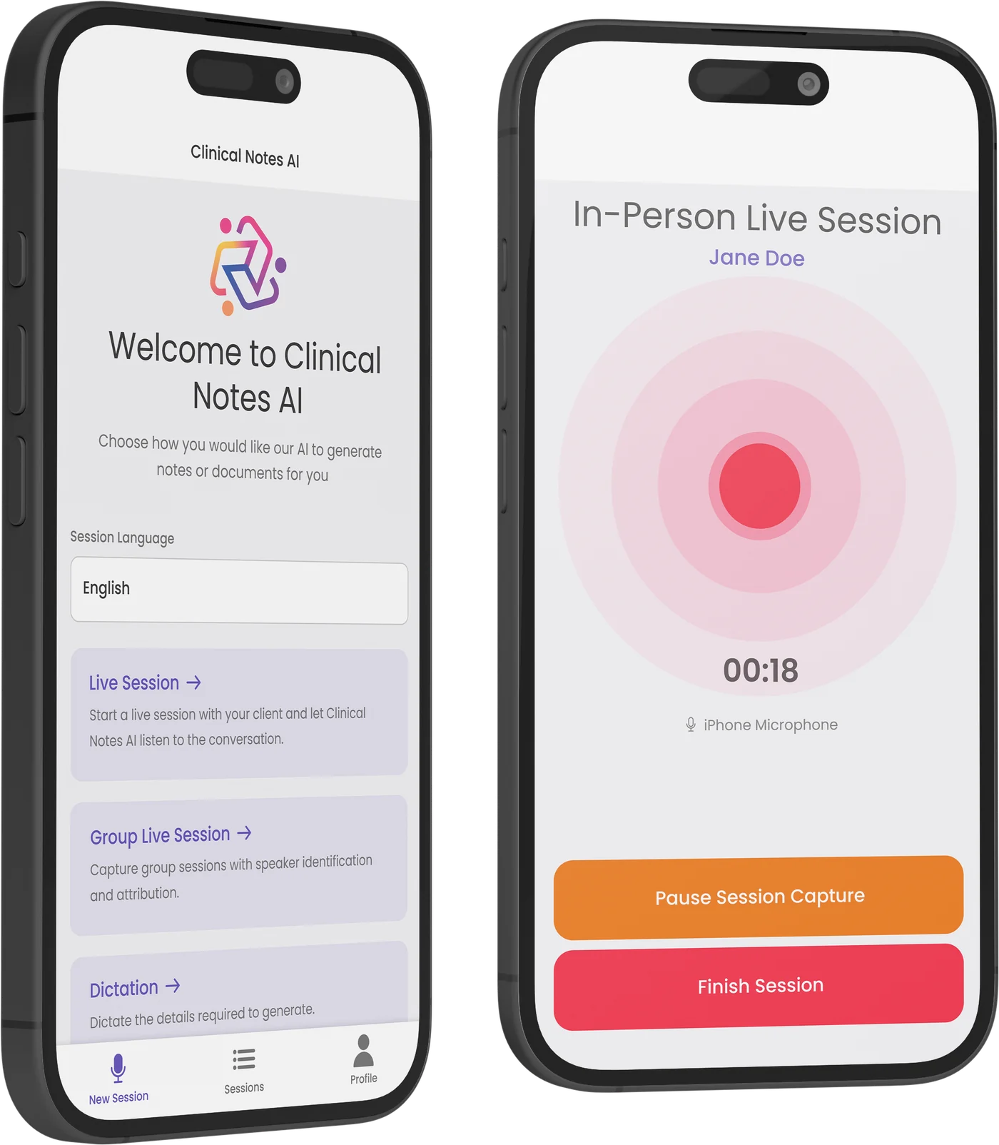 Clinically AI mobile app: choosing a live session, group live session or dictation, and capturing an in-person live session